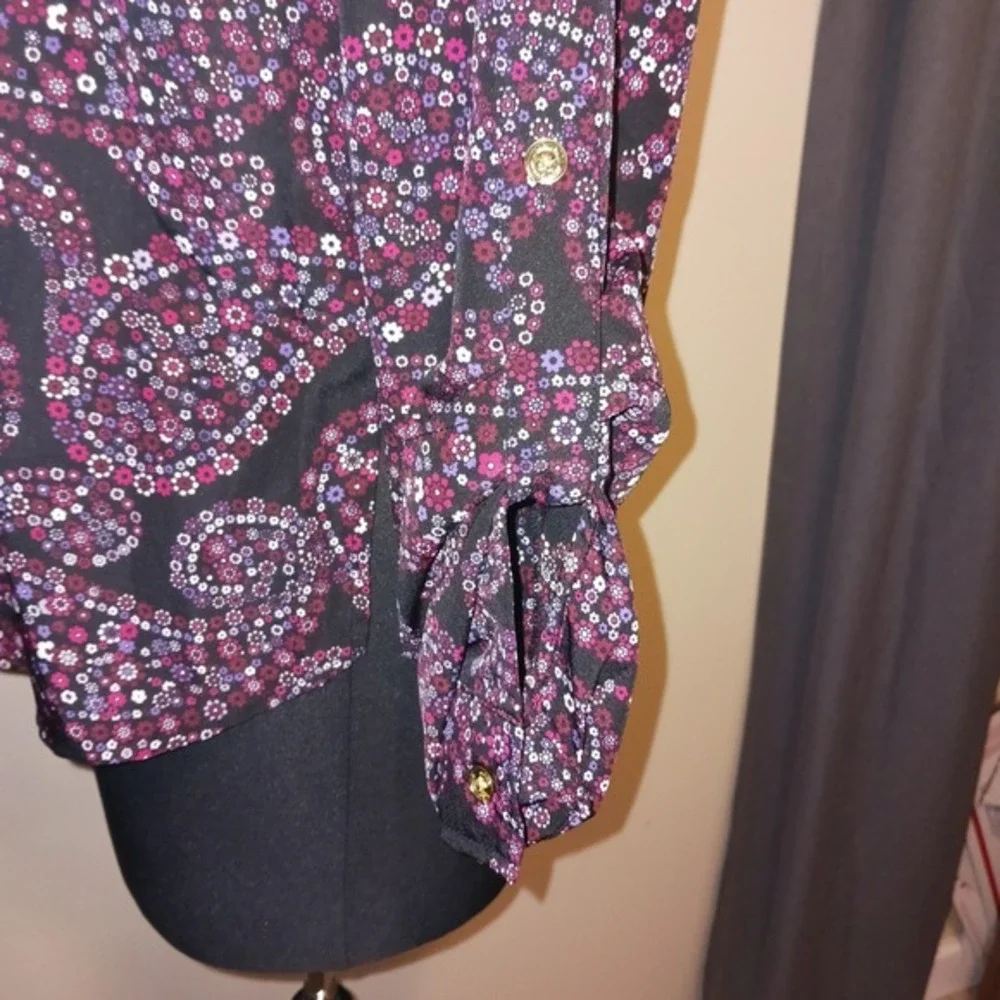 3 MICHAEL‎ KORS Tops Black Purple Paisley Animal Blouse Zip Long Sleeve Shirt M